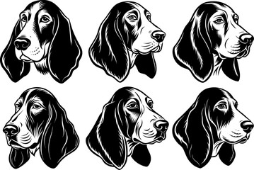 set of basset hound dog head silhouette vector illustration