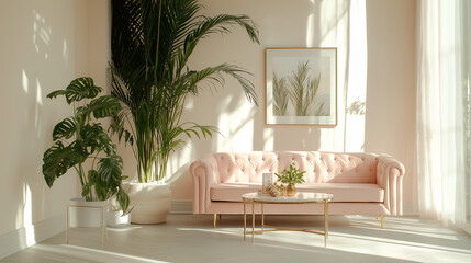 Beautiful House or apartment livingroom interior design for a mockup home decor model concept, Sofa with pillows and abstract poster art, bright sun light coming through windows