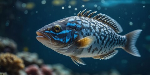 Fototapeta premium A fish with a blue eye is shown in a close up.