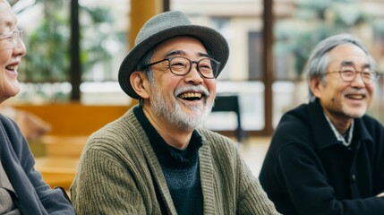 A joyful gathering of elderly men sharing laughter and stories in a warm, inviting space.