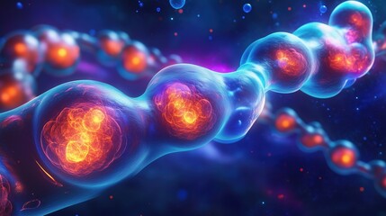 Obraz premium Abstract futuristic background with glowing spheres and molecules in dark blue space, showcasing a close-up view of isolated human cell structures. The 3D rendering highlights biotechnology concepts t