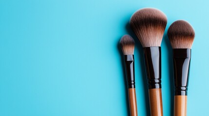 Soft natural brushes for makeup application on blue background with copy space