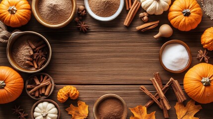 A vibrant baking station showcases pumpkins, spices, and other ingredients perfect for fall-themed recipes