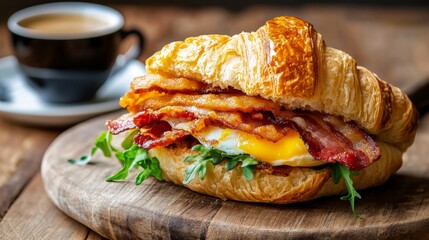 An appetizing croissant sandwich with bacon, egg, and cheese, set on a wooden board with a cup of coffee, creating a perfect breakfast scene