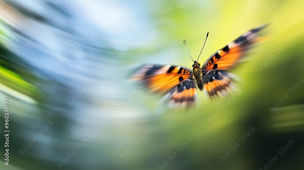 Poster an artistic shot of a butterfly in mid-flight, with its wings spread wide and blurred background, cr