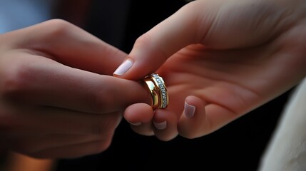 Hand Holding a Wedding Ring: A hand delicately holding a wedding ring, about to place it on a partner’s finger during a wedding ceremony.
