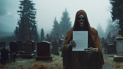 Eerie Skeleton Shrouded in Aged Cloth Amidst Graveyard.
