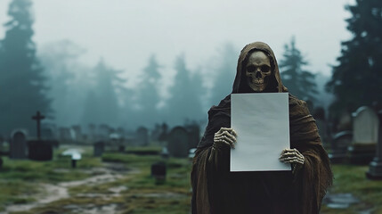 Eerie Skeleton Shrouded in Aged Cloth Amidst Graveyard.