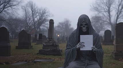 Eerie Skeleton Shrouded in Aged Cloth Amidst Graveyard.