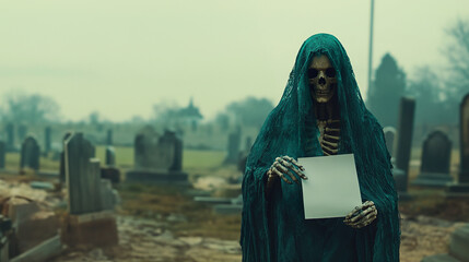 Eerie Skeleton Shrouded in Aged Cloth Amidst Graveyard.