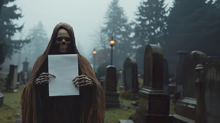 Eerie Skeleton Shrouded in Aged Cloth Amidst Graveyard.