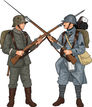 German and French Soldiers from First World War Crossing Each Others Rifles with Bayonets, Illustration Isolated on White Background, EPS 10 Vector