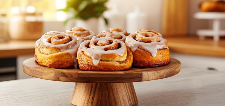 A platter of freshly baked cinnamon rolls with cream cheese icing, placed on a rustic kitchen counter