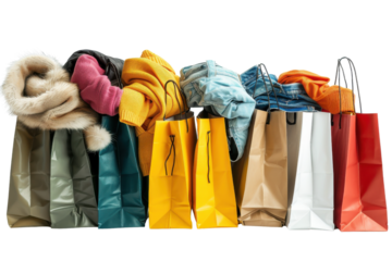 A collection of stylish shopping bags filled with colorful clothing, ideal for fashion and retail themes.