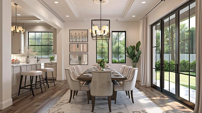 Transitional dining room with upholstered chairs and modern chandelier