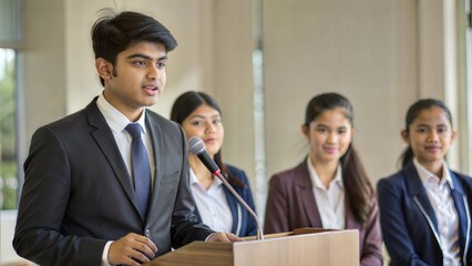  Indian student participating in a debate competition, showcasing public speaking skills and critical thinking.