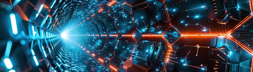 Obraz premium Futuristic digital tunnel with glowing blue and orange lights, representing advanced technology and innovation.
