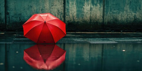 Red Umbrella Reflected in a Puddled City Street