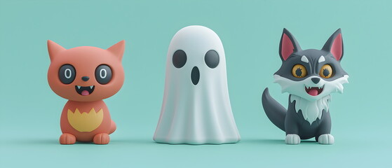 Fototapeta premium set of 3 Halloween characters in 3d clay design, including a Ghost (The floating ghost in white cloth), a cute Vampire, and a wolf with the silly face, adorable and festive, pastel color 