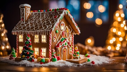 gingerbread house decorations, focusing on the intricate icing details, colorful candy, and soft, warm light creating a cozy festive ambiance, AI generated