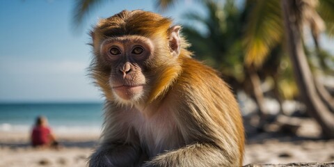 Fototapeta premium Monkey enjoying a tropical beach vacation.
