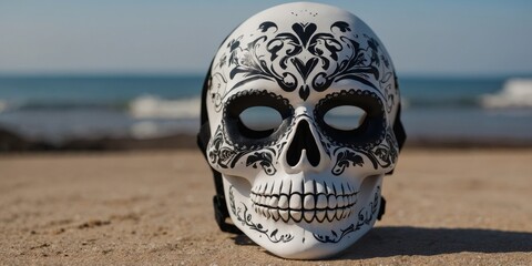 A white mask with a black face and a black skull design.