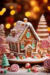 gingerbread house decorations, focusing on the intricate icing details, colorful candy, and soft, warm light creating a cozy festive ambiance, AI generated