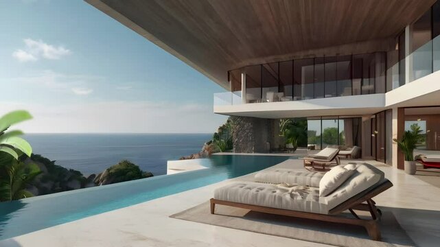 Cozy atmosphere in a relaxing room by the private pool and views of the beach landscape. Seamless 4K looping timelapse video animation background