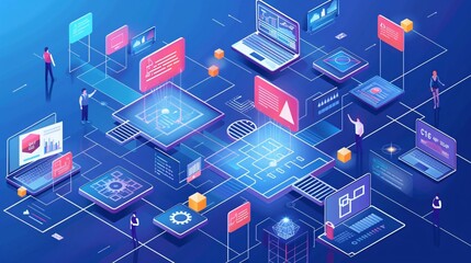 Fototapeta premium Isometric Illustration of a Network of Connected Devices and People