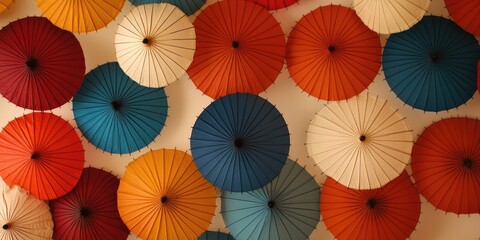 Colorful Umbrellas Hanging on a White Ceiling