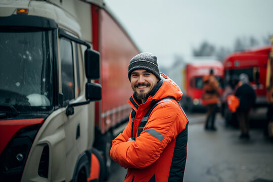 Happy truck driver with arms crossed standing in front of truck