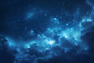 Fototapeta premium A beautiful, deep blue nebula filled with twinkling stars and luminous cosmic clouds, capturing the vastness and mystery of the universe.