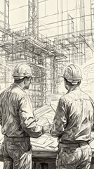Construction Workers Discussing Blueprint Sketch Drawing