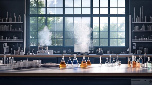 A modern laboratory filled with various glassware, featuring colorful liquids and steam, showcasing a vibrant scientific atmosphere.