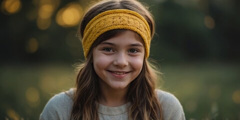 A young girl with a yellow headband is smiling.