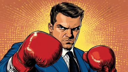 A determined man in a suit, showing off boxing gloves with a fierce expression, against a vibrant comic-style background.
