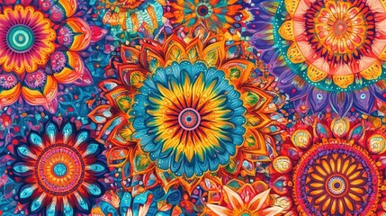 High-resolution digital rendering of an Indian fabric pattern with intricate mandala designs in bright, festive colors. The vibrant pattern is perfect for textiles or lively wallpapers.