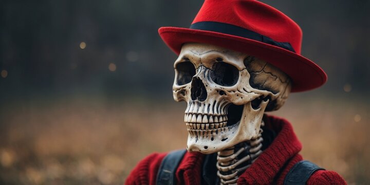A skeleton wearing a red hat and smiling.