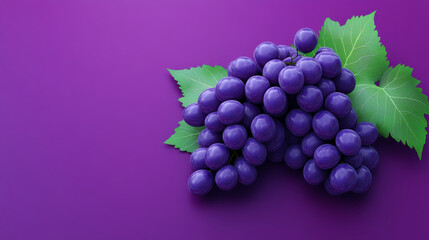 Fototapeta premium Fresh bunch of grapes with vibrant purple color and green leaves, creating minimalistic and appealing design.