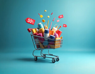 shopping cart with cyber monday discount items and sale signs on blue background