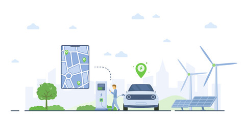 Electric car charging station map concept. A man charges his electric vehicle at a station, using a smartphone app to locate nearby charging points. Turbines and solar panels symbolize green energy 