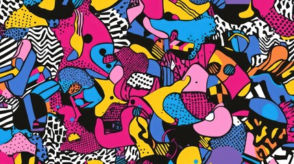 Colorful abstract pattern featuring bold shapes and vibrant colors in a playful arrangement.