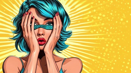 A vibrant woman with blue hair and red lips covers her eyes, exuding a playful yet mysterious vibe against a bright yellow background.