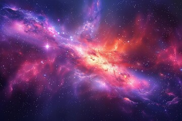 Fototapeta premium A vibrant and colorful nebula filled with pink and purple hues, glowing stars, and swirling clouds of cosmic dust.
