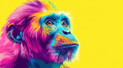 Obraz premium Vibrant portrait of a monkey with colorful hues against a bright yellow backdrop, showcasing its expressive features.