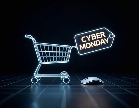 futuristic shopping cart with cyber monday neon sign and a computer mouse on a black background
