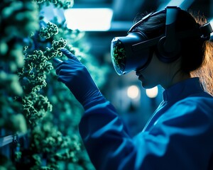 Naklejka premium A scientist explores virtual reality technology while conducting research on plant growth, showcasing innovation in agriculture.