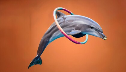 A playful dolphin doing a flip through a hoop on a vivid coral-colored background, emphasizing its agility and joy