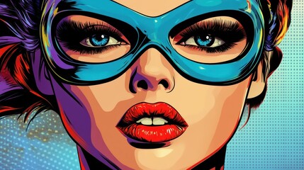 Obraz premium A striking portrait of a female superhero, showcasing vibrant blue mask and bold red lips surrounded by dynamic colors and a pop art style.