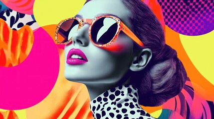 Obraz premium Stylish female model with vibrant sunglasses against a colorful abstract background, capturing bold fashion and artistic flair.
